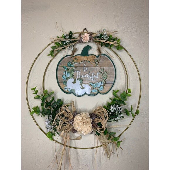 Be Thankful Fall Wreath 14in Eucalyptus Pumpkin Gold Wire Minimalist Decor - Picture 6 of 6